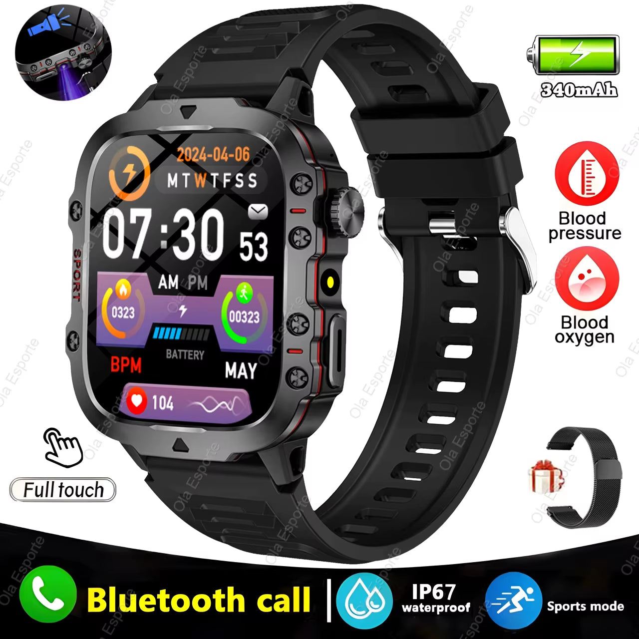 Men's Smartwatch - Flashlight, Bluetooth, Call, Fitness, Clock - IP68 Waterproof Sports Men for Android IOS Smart Watch 2025 New